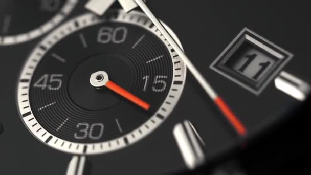 Die Schwarze Uhr Zeigt Den Zeitraffer Makro Schwarzes Zifferblatt Armbanduhren — Stockvideo