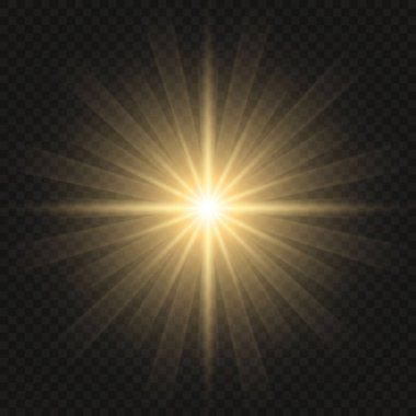 Şeffaf bir arkaplanda vektör altın ışık ışınları. Parlayan güneş