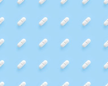 White medicine pills flat design seamless pattern. Endless texture for web, decoration, covers, pharmaceutical print design. clipart