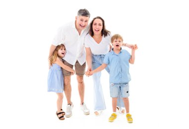 A Parents and child having fun on studio portrait. Full body shot clipart