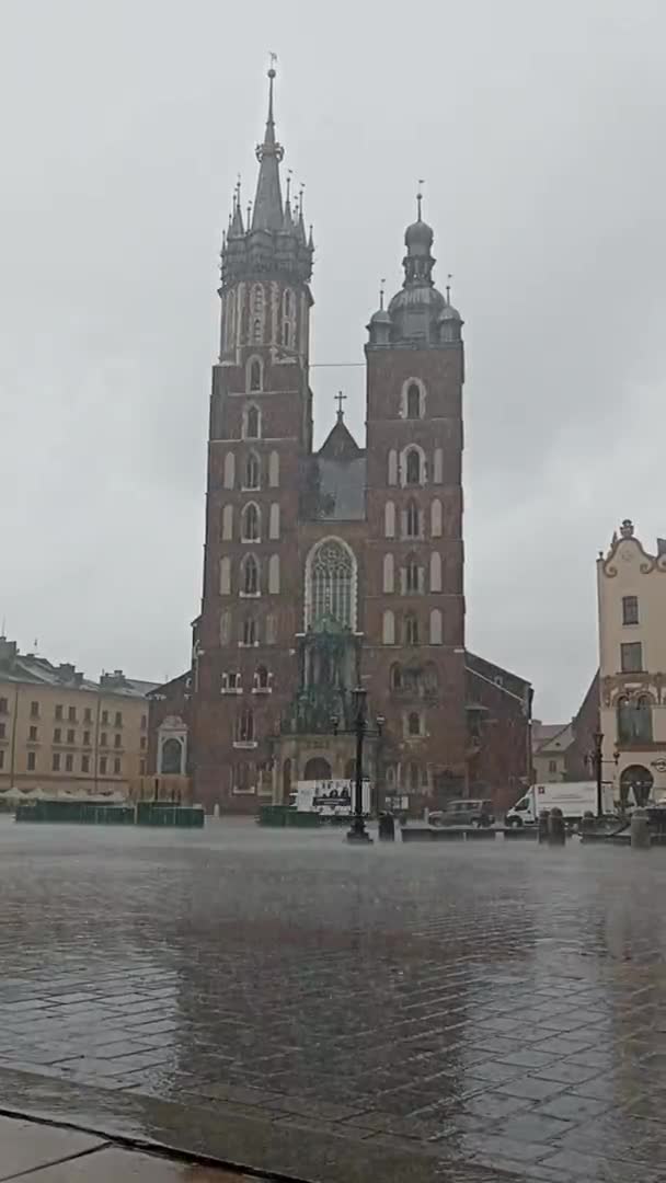 Головна Площа Кракова Відьма Базиліка Святого Марія Дощовий День Влітку — стокове відео