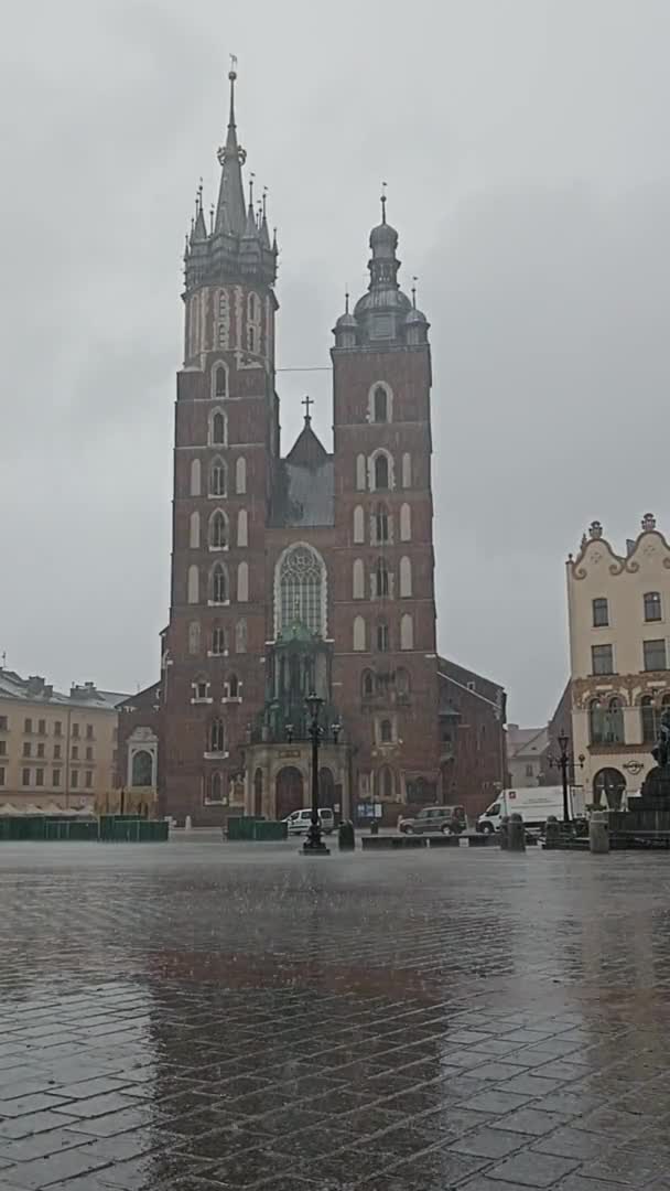 クラクフのメイン広場 夏の雨の日にセントマリスバシリカ — ストック動画