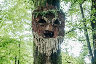 İskoçya 'daki Kelburn Şatosu' ndaki ağaçta sakallı ve yapraklı bir taç takılı tahta yüzlü heykel.