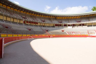 Plaza de Toros de Pamplona manzaralı. Boğaların koşusunun bitiş noktası, San Fermin Festivali. Pampeluna, İspanya