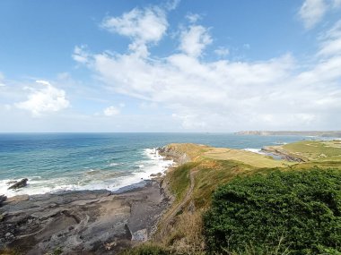Verdicio plaj manzarası. Asturias kıyı şeridi panoraması, İspanya. İspanyol manzarası