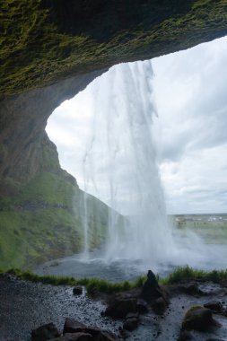 Seljalandsfoss yaz sezonunda İzlanda 'ya düşer. İzlanda manzarası.