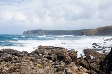 Verdicio plaj manzarası. Asturias kıyı şeridi panoraması, İspanya. İspanyol manzarası