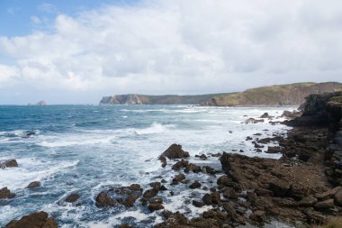 Verdicio plaj manzarası. Asturias kıyı şeridi panoraması, İspanya. İspanyol manzarası