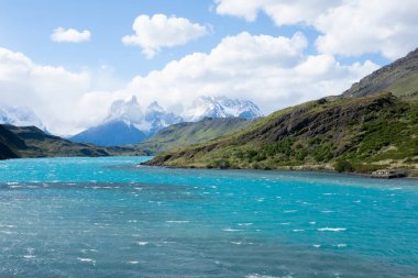 Torres del Paine Millî Parkı peyzaj, Şili. Rio Paine, Şili Patagonya