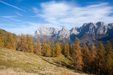 Dolomite 'lar geniş bir alana yayılmış. San Martino di Castrozza Dağları manzaralı. İtalyan Alpleri