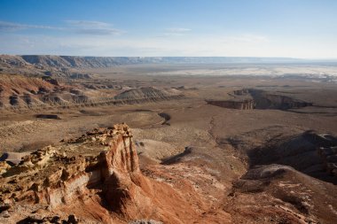 Heykel kaya manzarası, Mangystau bölgesi manzarası, Kokesem bölgesi, Kazakistan. Orta Asya Panoraması.