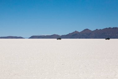 Salar de Uyuni, Bolivya 'da bir cip. Dünyadaki en büyük tuz düzlüğü. Bolivya manzarası