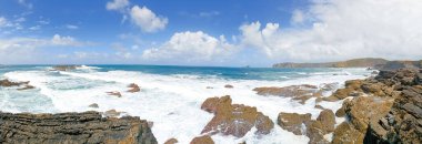 Verdicio plaj manzarası. Asturias kıyı şeridi panoraması, İspanya. İspanyol manzarası