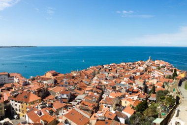 Piran Ortaçağ havacılık manzarası, Slovenya. Istria dönüm noktası