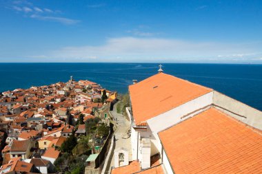 Piran Ortaçağ havacılık manzarası, Slovenya. Istria dönüm noktası