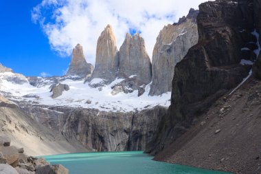 Torres del Paine Ulusal Parkı manzaralı, Şili. Şili Patagonya manzarası. Üs Las Torres bakış açısı