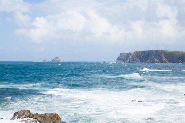 Verdicio plaj manzarası. Asturias kıyı şeridi panoraması, İspanya. İspanyol manzarası