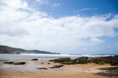 Verdicio plaj manzarası. Asturias kıyı şeridi panoraması, İspanya. İspanyol manzarası