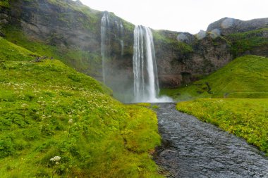 Seljalandsfoss yaz sezonunda İzlanda 'ya düşer. İzlanda manzarası.