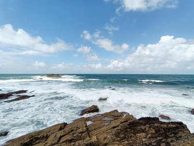 Verdicio plaj manzarası. Asturias kıyı şeridi panoraması, İspanya. İspanyol manzarası