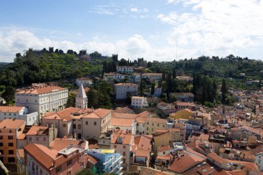 Piran Ortaçağ havacılık manzarası, Slovenya. Istria dönüm noktası