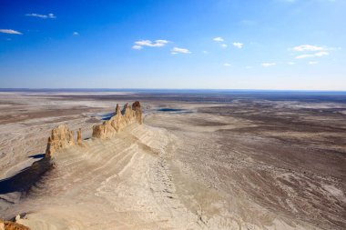 Bozzhira Vadisi, Mangystau Bölgesi, Kazakistan 'ın zirveleri. Ak Orpa zirveleri. Güzel Orta Asya simgesi