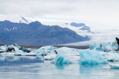 Jokulsarlon Buzul Gölü, İzlanda. Suda yüzen buzdağları. İzlanda manzarası