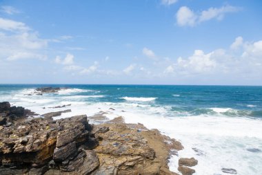 Verdicio plaj manzarası. Asturias kıyı şeridi panoraması, İspanya. İspanyol manzarası