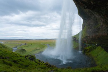 Seljalandsfoss yaz sezonunda İzlanda 'ya düşer. İzlanda manzarası.