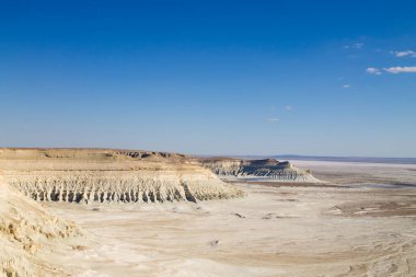 Güzel Mangystau manzarası, Kazakistan. Bozzhira Vadisi hava manzarası. Orta Asya simgesi