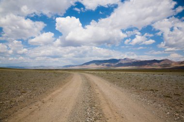 Moğolistan 'ın uzak bölgelerinden manzara. Altai dağlarına giden toprak yol, Oigor vadisi.