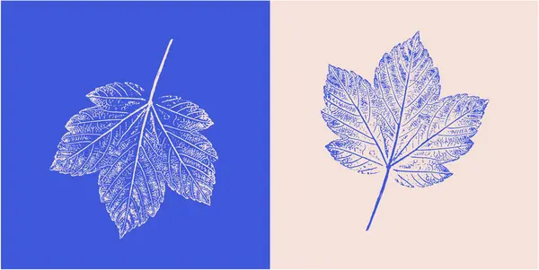 Dekoratif yaprak çizimi ve tahta blok izleri. Monoton pembe ve mavi botanik izler.