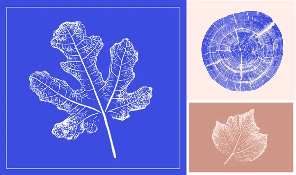 Dekoratif yaprak çizimi ve tahta blok izleri. Monoton pembe ve mavi botanik ağaç halkaları ve iz bırakır.