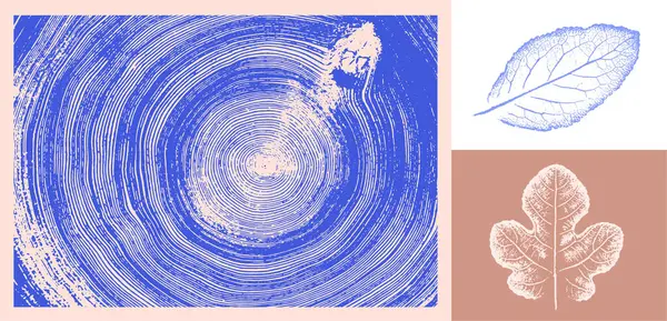 Dekoratif yaprak çizimi ve tahta blok izleri. Monoton pembe ve mavi botanik ağaç halkaları ve iz bırakır.