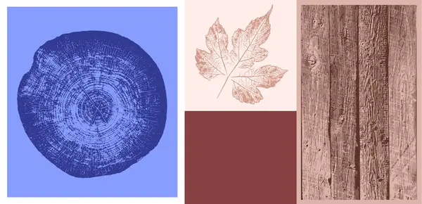Dekoratif yaprak çizimi ve tahta blok izleri. Monoton pembe ve mavi botanik ağaç halkaları ve iz bırakır.