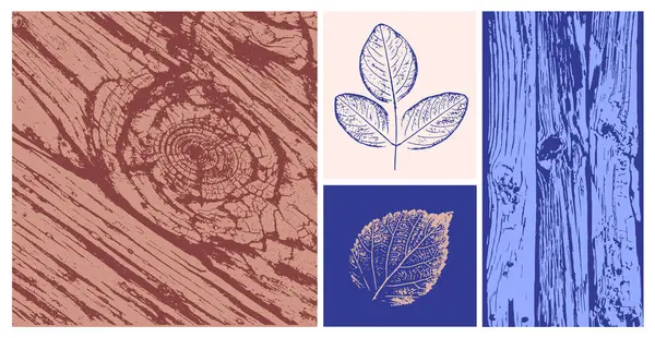 Dekoratif yaprak çizimi ve tahta blok izleri. Monoton pembe ve mavi botanik ağaç halkaları ve iz bırakır.