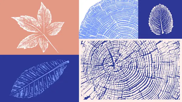 Dekoratif yaprak çizimi ve tahta blok izleri. Monoton pembe ve mavi botanik ağaç halkaları ve iz bırakır.