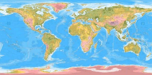 Detaillierte Topografische Weltkarte Wgs Projektion — Stockvektor