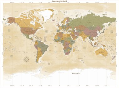 Ayrıntılı siyasi dünya haritası vintage biçimi Miller projeksiyonu 