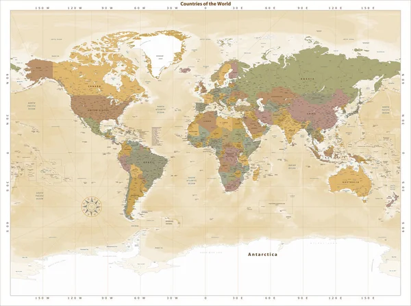 Mapa Mundo Político Detalhado Estilo Vintage Miller Projeção — Vetor de Stock