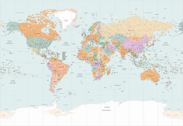 Mapa Mundo Político Detalhado Língua Italiana Projeção Miller — Vetor de Stock