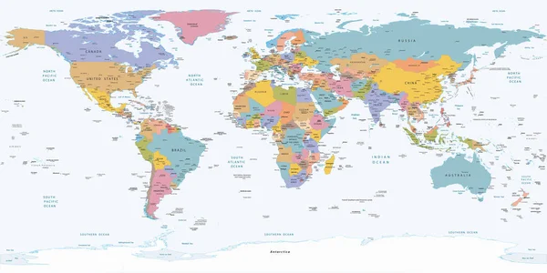Politisch Einfache Weltkarte Gleichrechteckige Projektion — Stockvektor