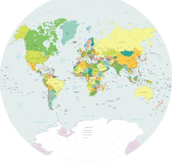 Politisk Världskarta Van Der Grinten Projektion — Stock vektor