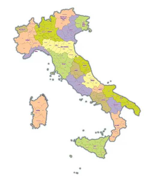 Mapa Administrativo Itália Mostrando Regiões Províncias — Vetor de Stock