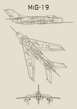 Bu planda MIG-19 jet uçağının detaylı teknik çizimi yer alıyor. Görüntü, uçağın üç görüntüsünü sunuyor: bir yan profil, yukarıdan aşağıya bir perspektif ve bir arka görüş. Hatlar temiz ve kusursuz.