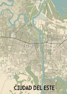 Bu Ciudad del Este 'nin detaylı bir haritası, Paraguay' da bir şehir. Harita, bej arkaplan ve sokakları ve su yollarını temsil eden siyah çizgilerle minimalist bir tarzda çizilmiş..