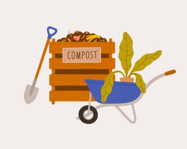 Compost bin, flower pot, shovel, houseplant, wheelbarrow. Concept of eco gardening, tools for growing plants, houseplants, composting. Compost cycle. clipart