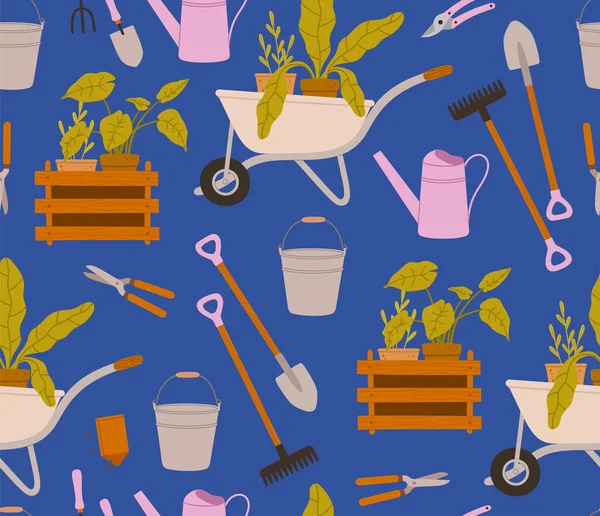 园艺工具的无缝图案 浇灌罐 浇灌罐 修剪器 手推车 花园剪刀 — 图库矢量图片