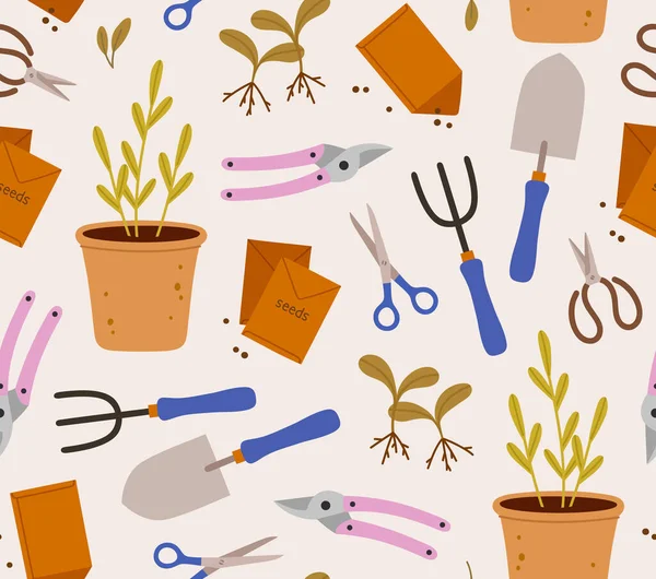 园艺工具的无缝图案 生态园艺的概念 种植植物的工具 家庭植物 — 图库矢量图片