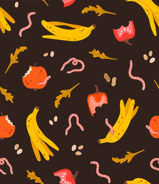 Naadloos Patroon Van Organisch Afval Wormen Afval Van Fruit Groenten — Stockvector